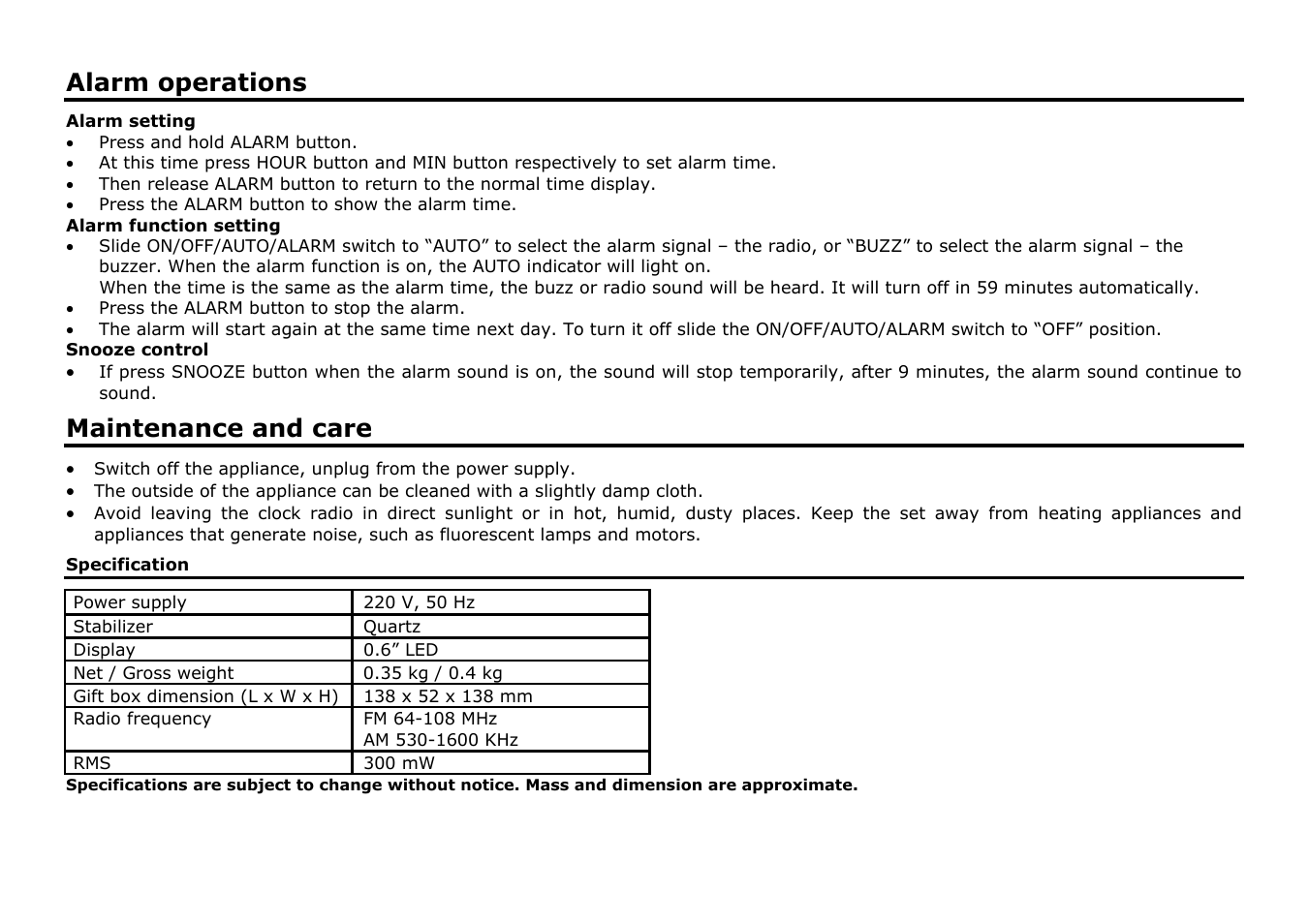 Alarm operations, Maintenance and care | SoundMax SM-2501 User Manual | Page 4 / 7