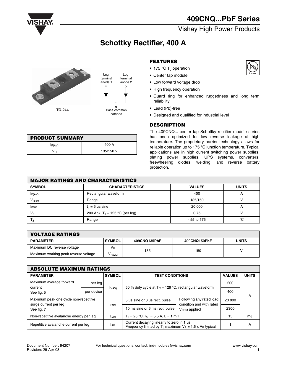 Datasheet, Vishay high power products | C&H Technology 409CNQ...PbF Series User Manual | Page 2 / 7