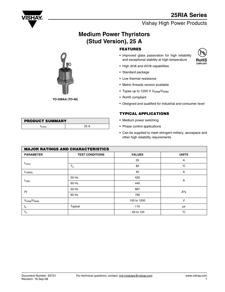 Datasheet, Vishay high power products, Rohs | C&H Technology 25RIA Series User Manual | Page 2 / 9