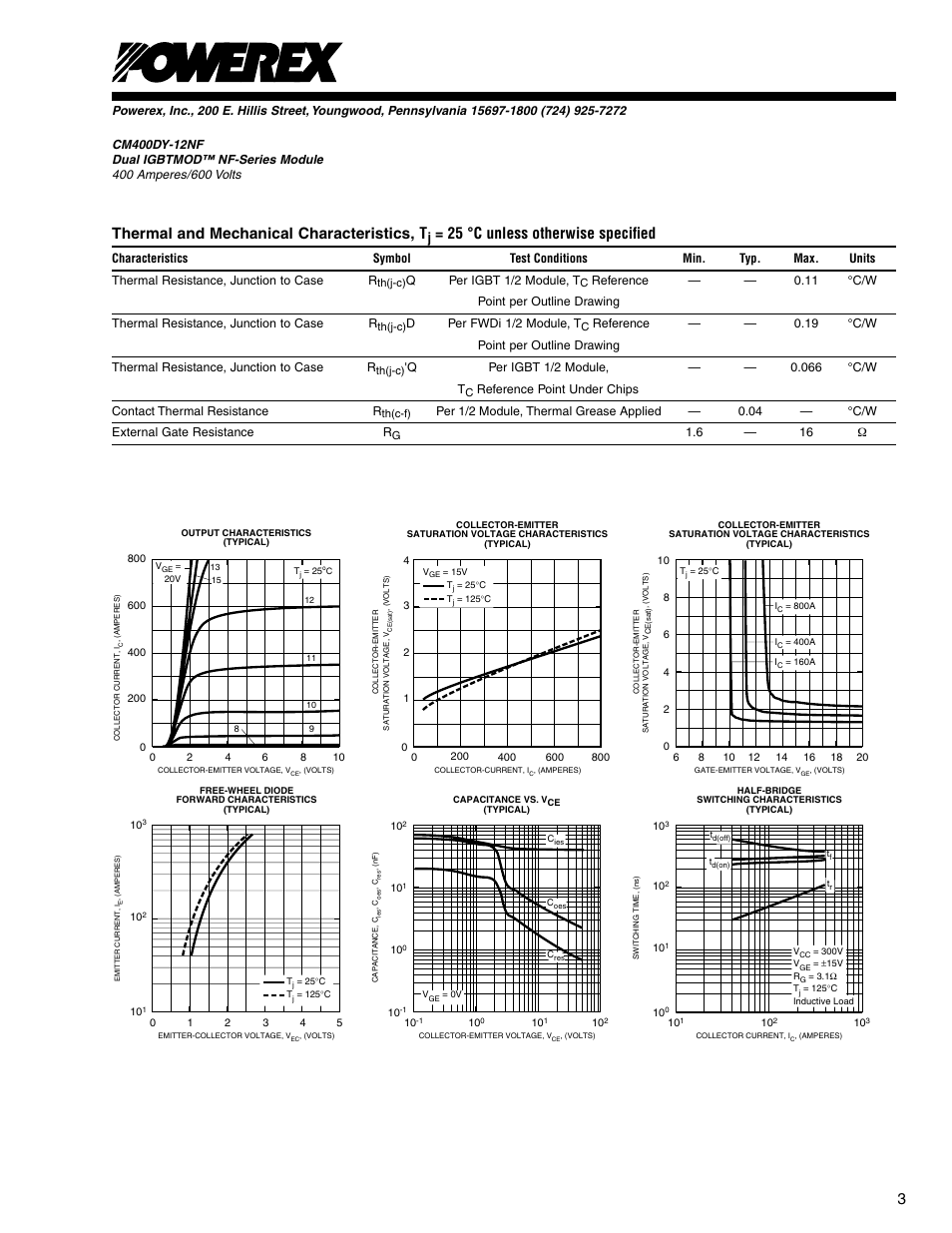 Thermal and mechanical characteristics, t, 25 °c unless otherwise specified | C&H Technology CM400DY-12NF User Manual | Page 4 / 5
