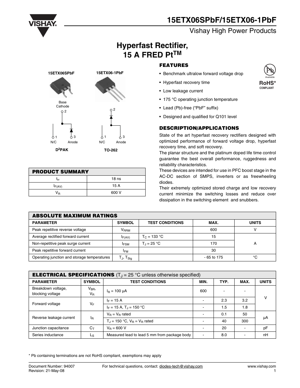 Vishay 15ETX06-1PbF User Manual | 7 pages