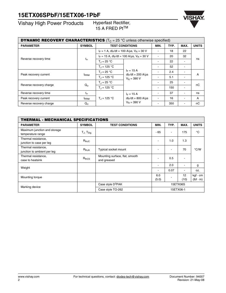 Vishay high power products, Hyperfast rectifier, 15 a fred pt | Vishay 15ETX06-1PbF User Manual | Page 2 / 7