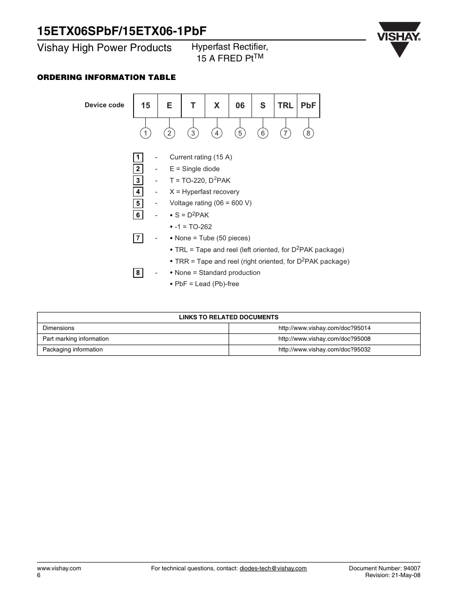 Vishay high power products, Hyperfast rectifier, 15 a fred pt | Vishay 15ETX06-1PbF User Manual | Page 6 / 7