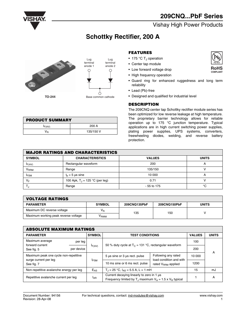 Datasheet, Vishay high power products, Rohs | C&H Technology 209CNQ...PbF Series User Manual | Page 2 / 7