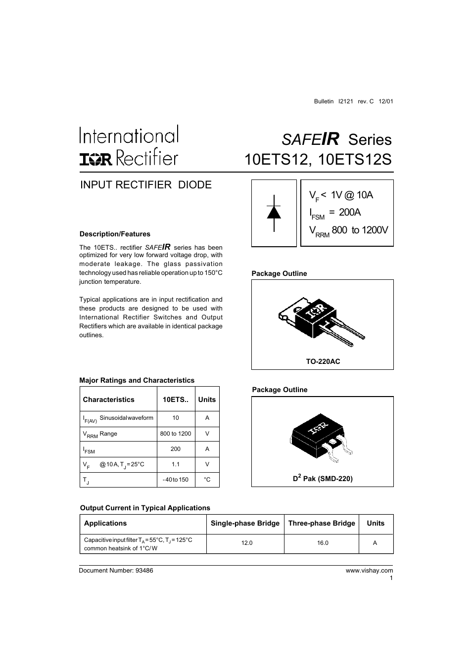 Safe, Input rectifier diode, 1v @ 10a i | 200a v | C&H Technology 10ETS12S SAFEIR Series User Manual | Page 2 / 8