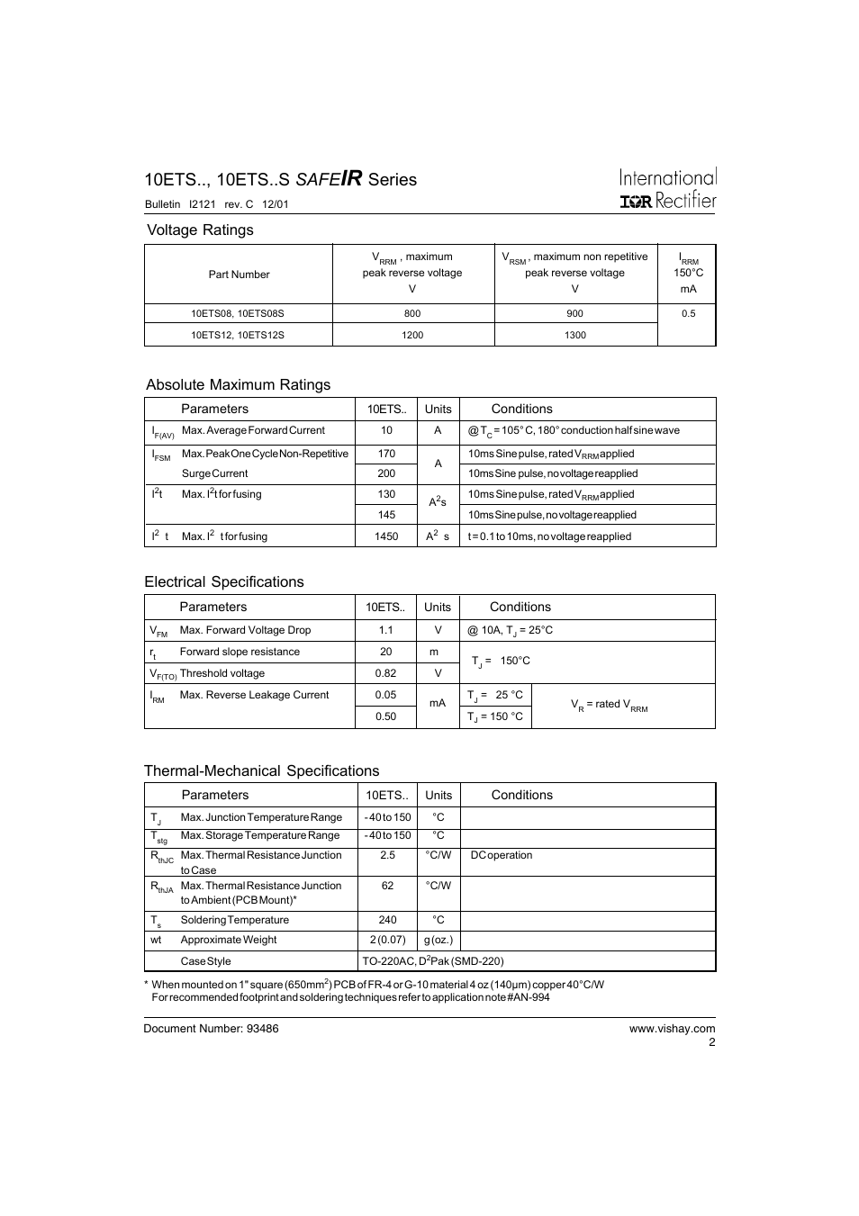 10ets.., 10ets..s safe, Series, Voltage ratings | Thermal-mechanical specifications, Absolute maximum ratings electrical specifications | C&H Technology 10ETS12S SAFEIR Series User Manual | Page 3 / 8