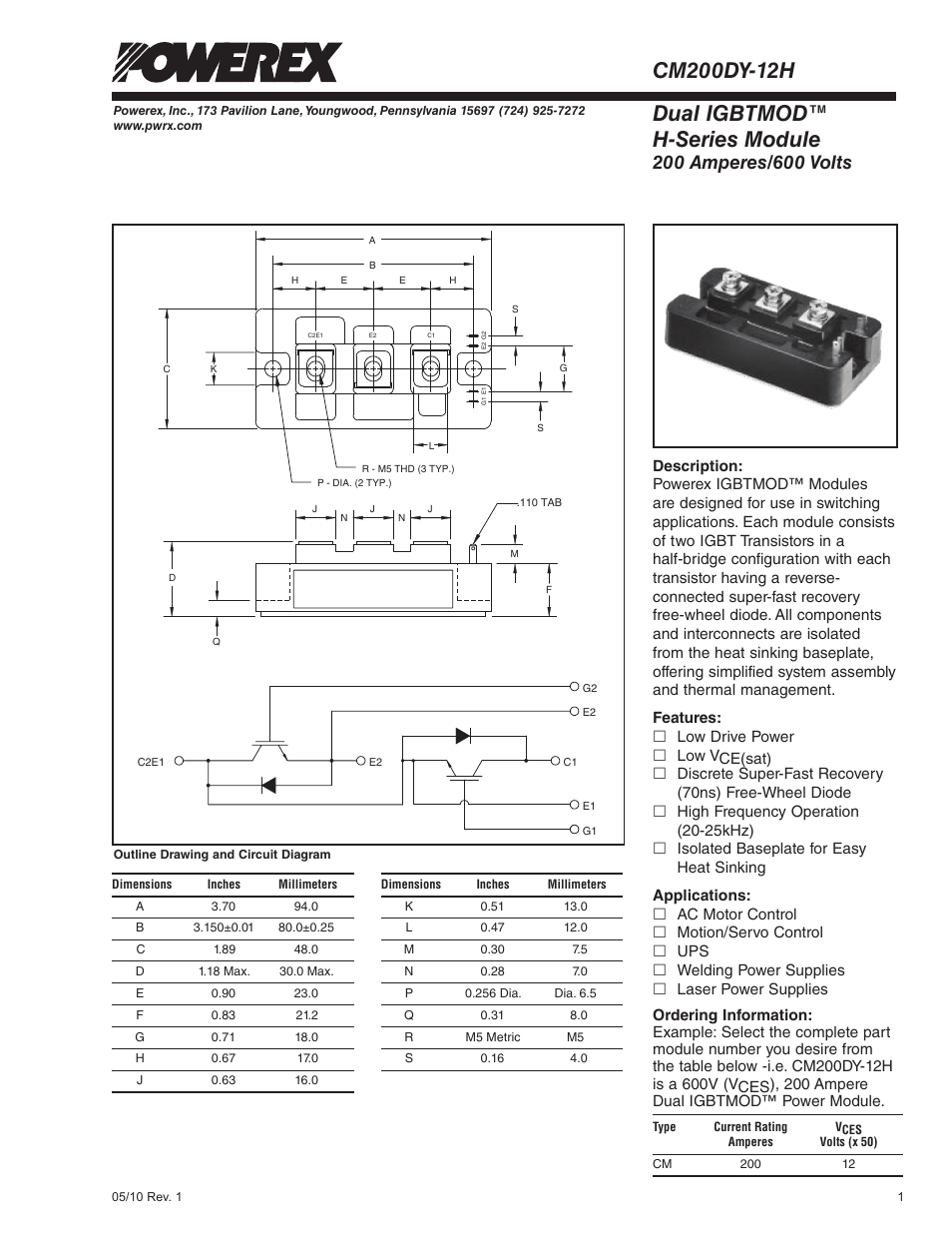 Dual igbtmod™ h-series module | C&H Technology CM200DY-12H User Manual | Page 2 / 5