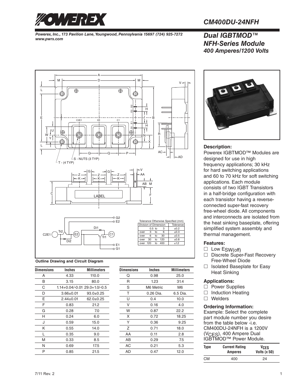 Dual igbtmod™ nfh-series module | C&H Technology CM400DU-24NFH User Manual | Page 2 / 5