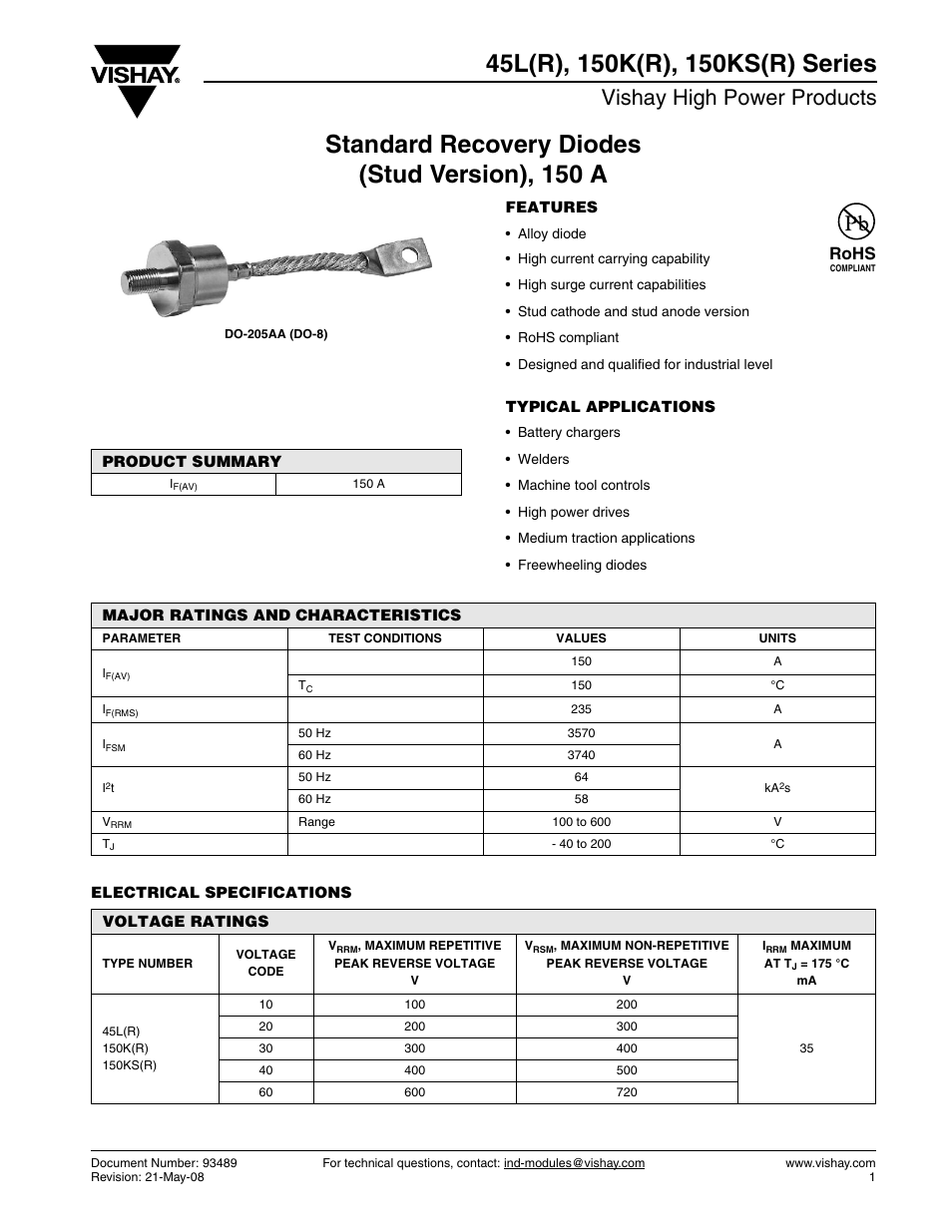 Datasheet, Vishay high power products, Rohs | C&H Technology 150KS(R) Series User Manual | Page 2 / 10