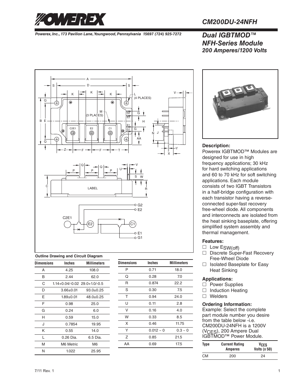 Dual igbtmod™ nfh-series module | C&H Technology CM200DU-24NFH User Manual | Page 2 / 5