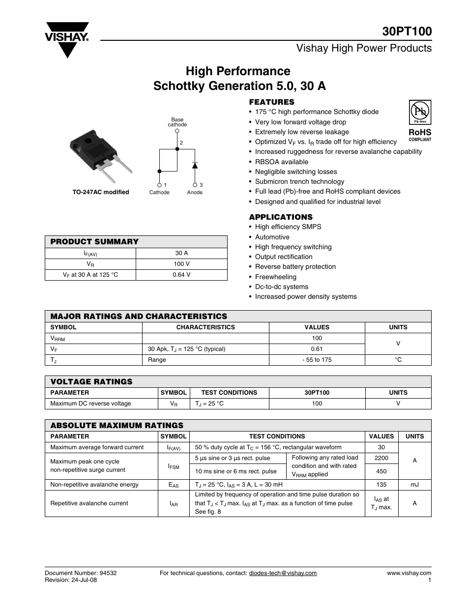 Datasheet, Vishay high power products, Rohs | C&H Technology 30PT100 User Manual | Page 2 / 8