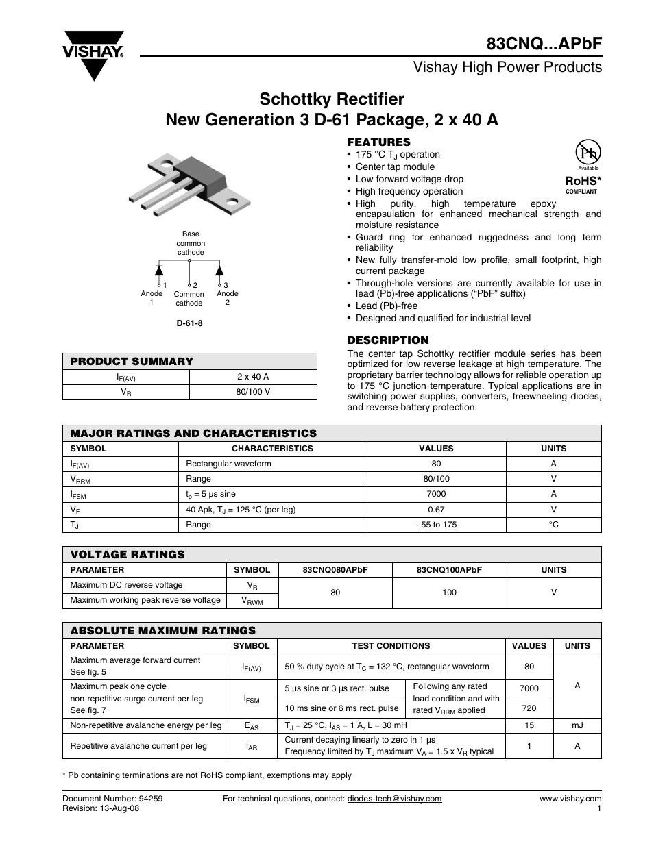 Datasheet, Vishay high power products, Rohs | C&H Technology 83CNQ...APbF User Manual | Page 2 / 7