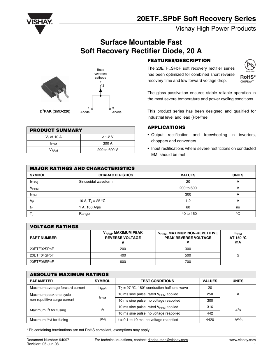 Vishay 20ETF..SPbF Soft Recovery Series User Manual | 7 pages