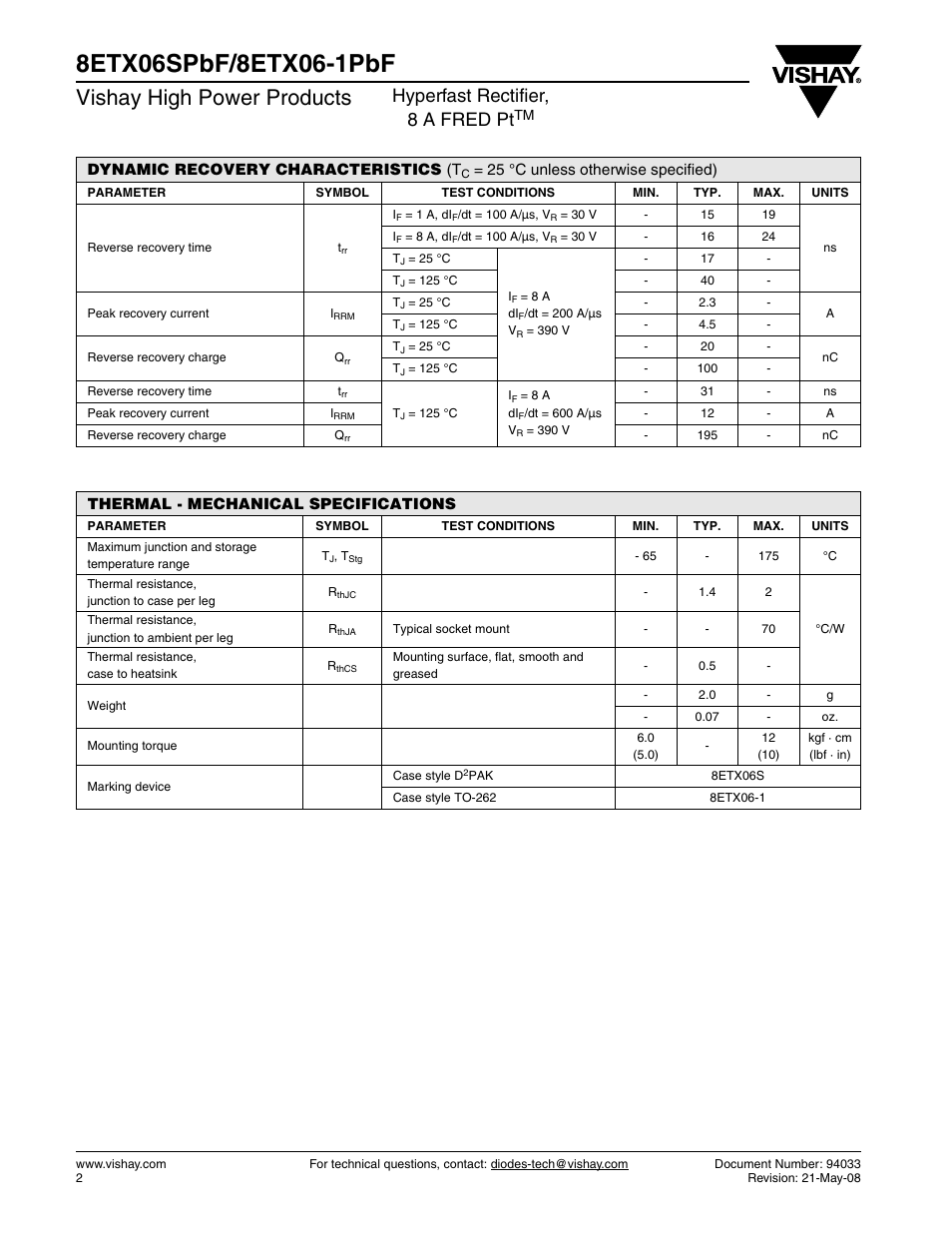 Vishay high power products, Hyperfast rectifier, 8 a fred pt | Vishay 8ETX06-1PbF User Manual | Page 2 / 7