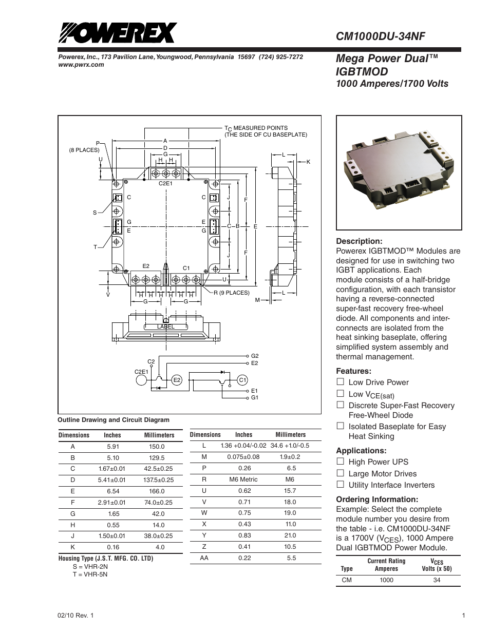 Mega power dual™ igbtmod | C&H Technology CM1000DU-34NF User Manual | Page 2 / 5