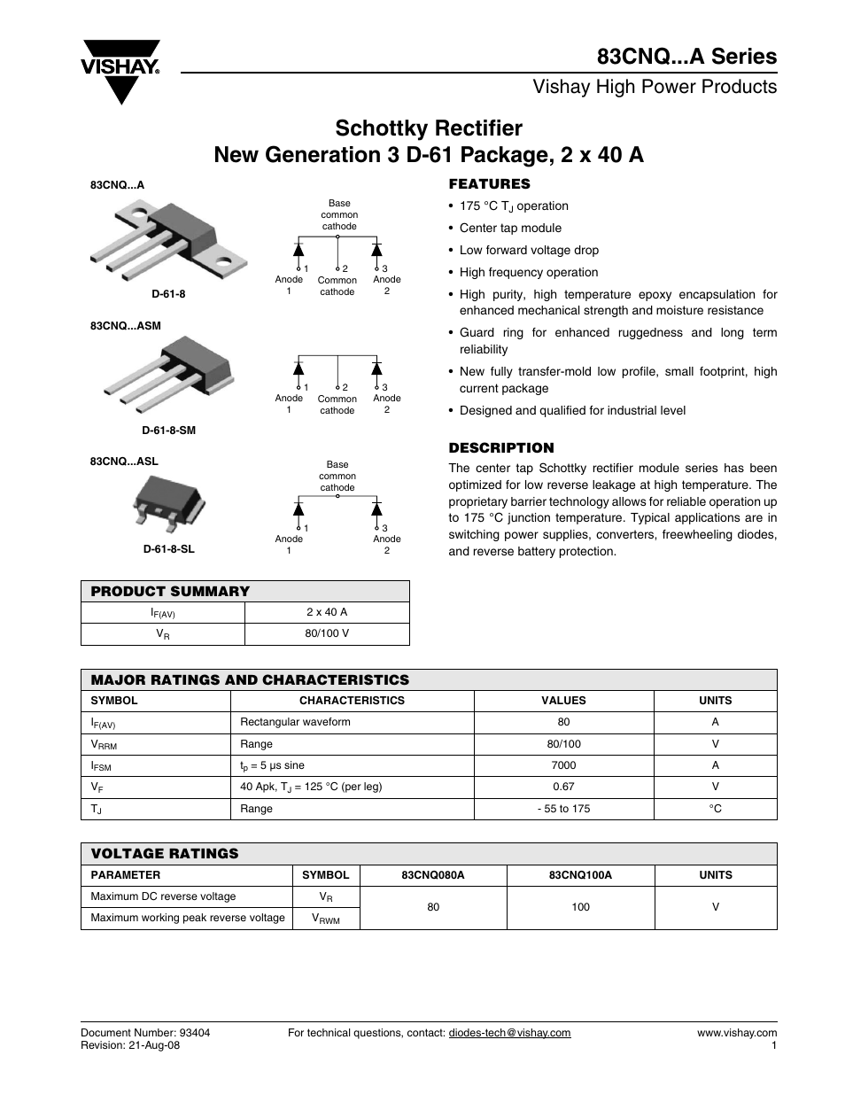 Datasheet, Vishay high power products | C&H Technology 83CNQ...A Series User Manual | Page 2 / 7