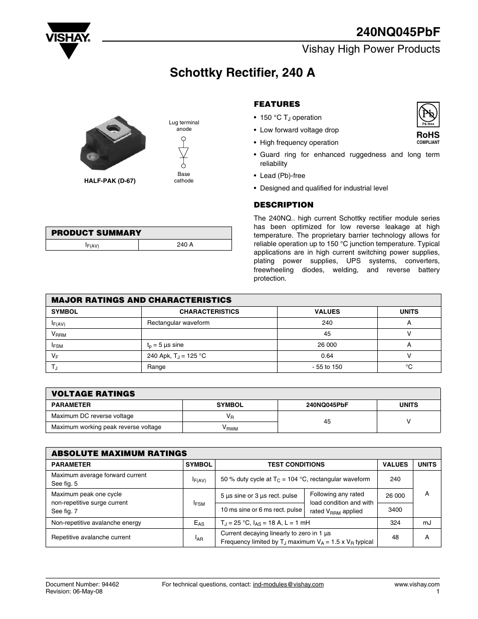 Datasheet, Vishay high power products, Rohs | C&H Technology 240NQ045PbF User Manual | Page 2 / 7