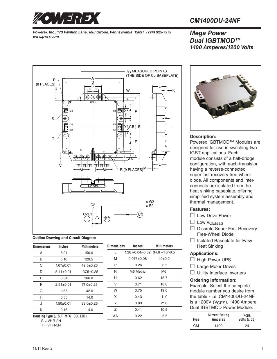 Mega power dual igbtmod | C&H Technology CM1400DU-24NF User Manual | Page 2 / 5