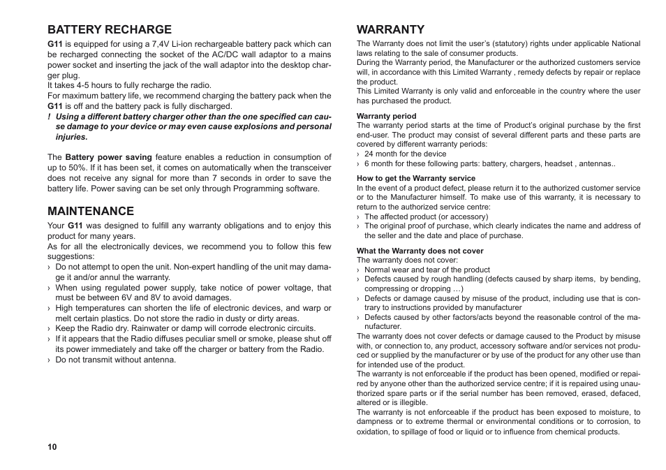 Battery recharge, Maintenance, Warranty | MIDLAND G11 User Manual | Page 12 / 54