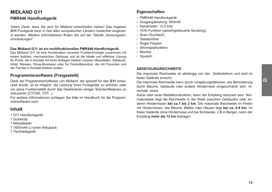 Midland g11, Inhalt | MIDLAND G11 User Manual | Page 15 / 54