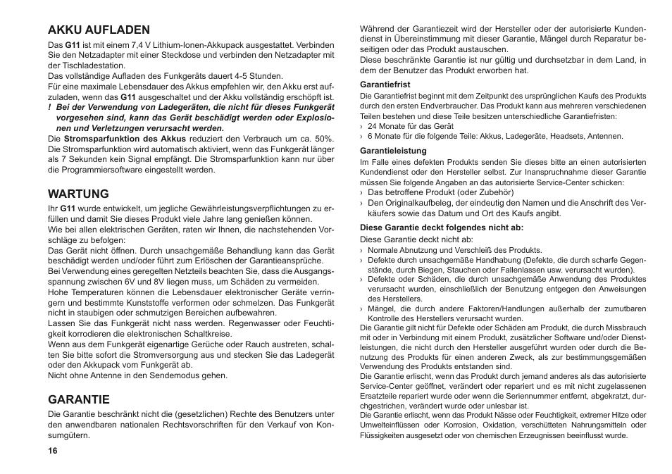 Akku aufladen, Wartung, Garantie | MIDLAND G11 User Manual | Page 18 / 54