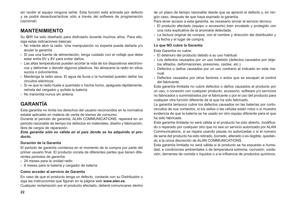 Mantenimiento, Garantía | MIDLAND G11 User Manual | Page 24 / 54