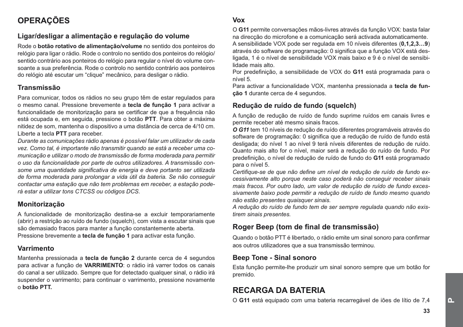Operações, Recarga da bateria | MIDLAND G11 User Manual | Page 35 / 54