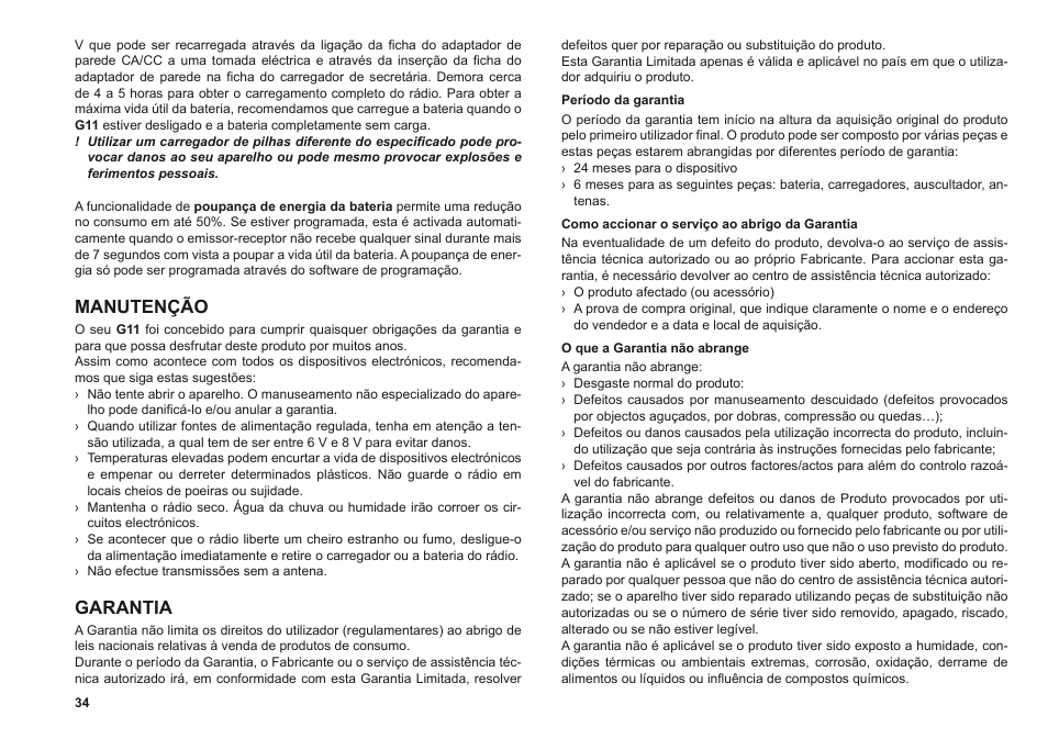 Manutenção, Garantia | MIDLAND G11 User Manual | Page 36 / 54