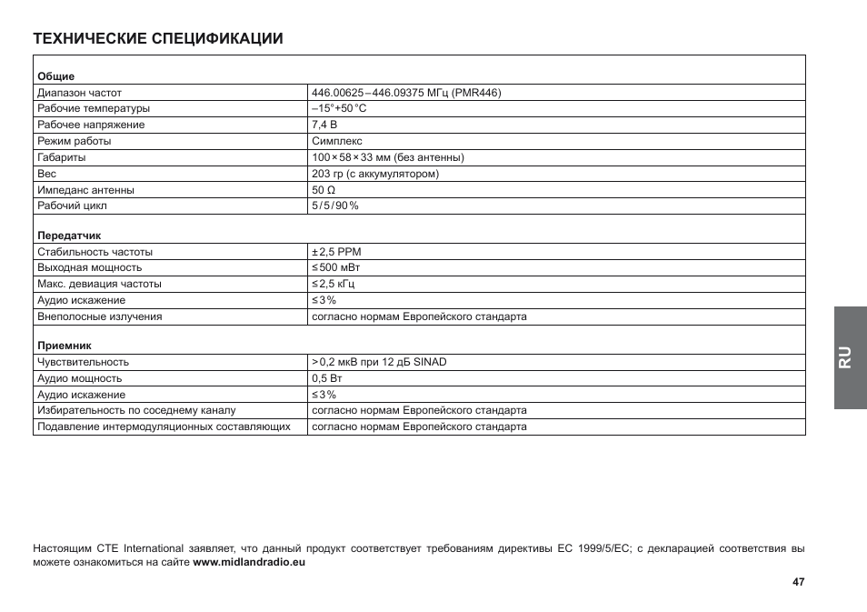 Технические спецификации | MIDLAND G11 User Manual | Page 49 / 54