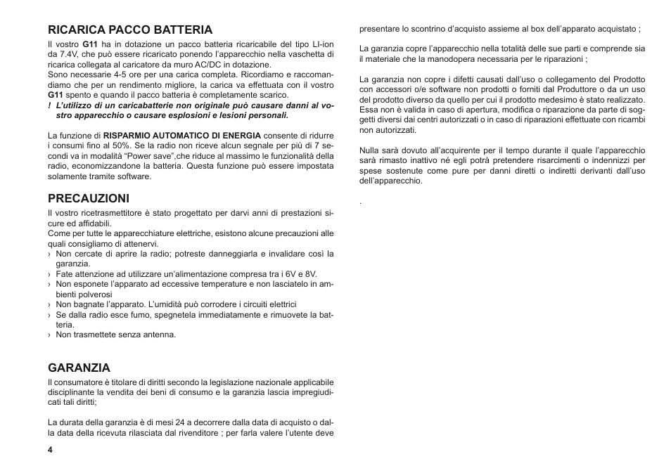Ricarica pacco batteria, Precauzioni, Garanzia | MIDLAND G11 User Manual | Page 6 / 54