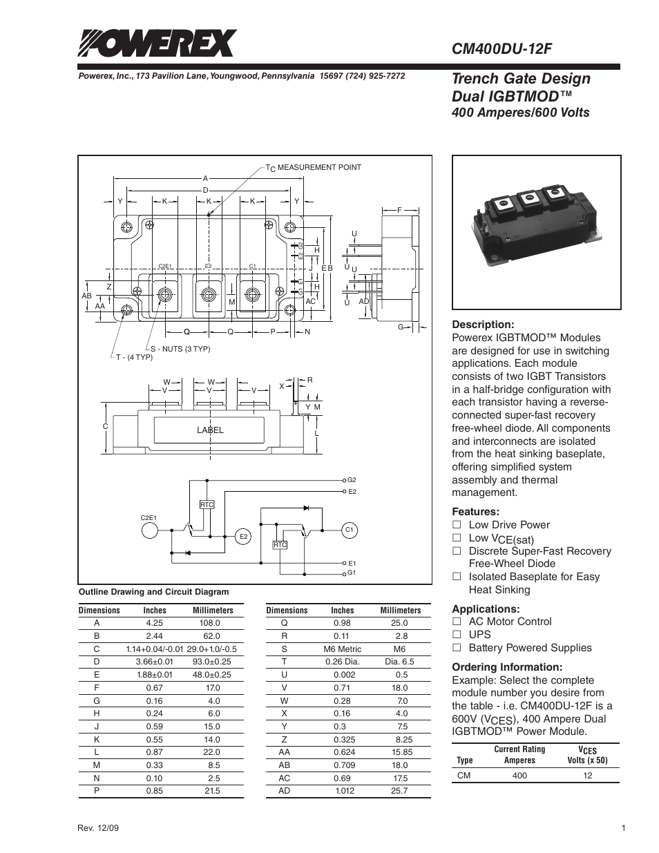 Trench gate design dual igbtmod | C&H Technology CM400DU-12F User Manual | Page 2 / 5