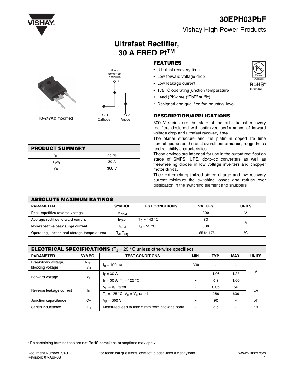 Vishay 30EPH03PbF User Manual | 7 pages