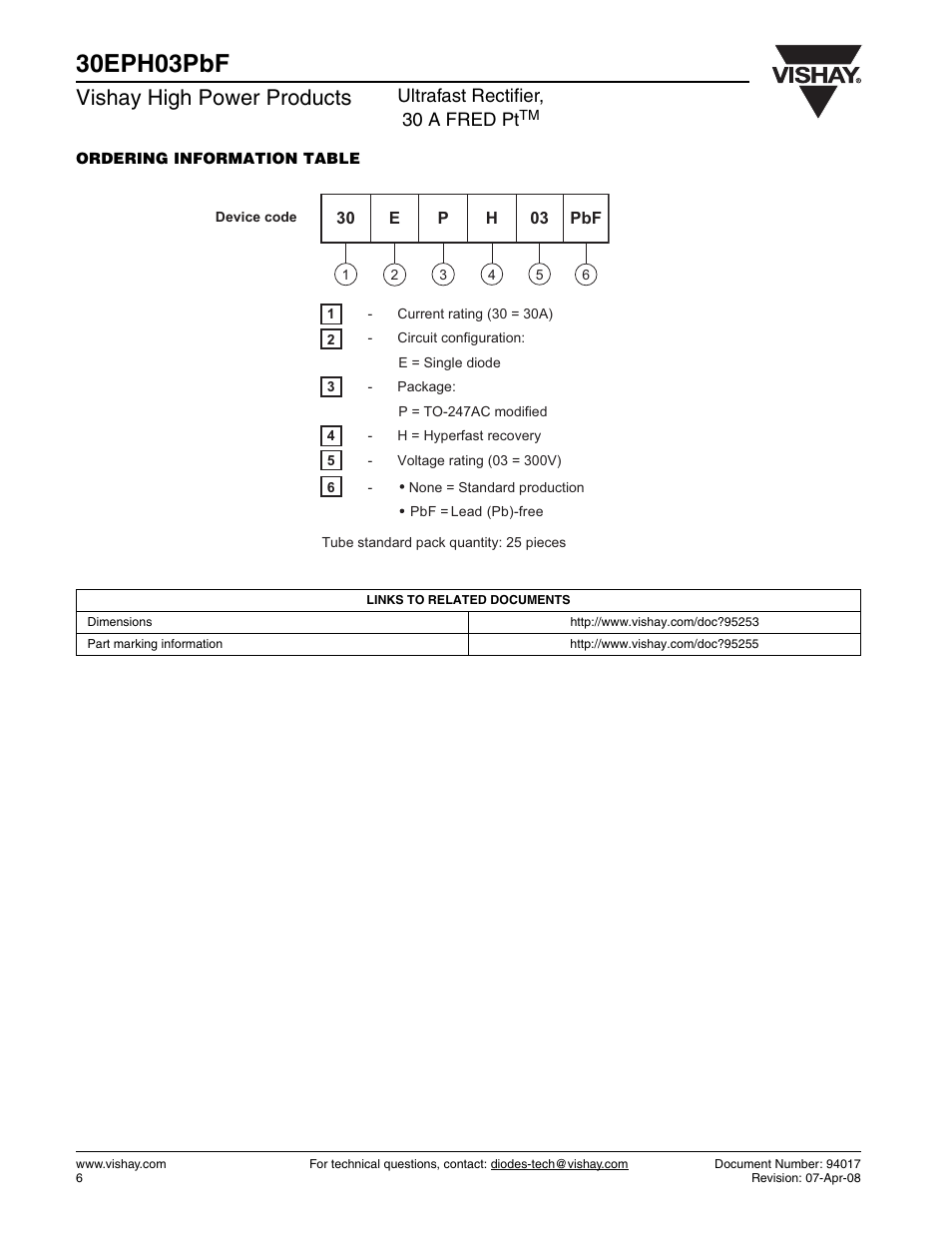 30eph03pbf, Vishay high power products, Ultrafast rectifier, 30 a fred pt | Vishay 30EPH03PbF User Manual | Page 6 / 7
