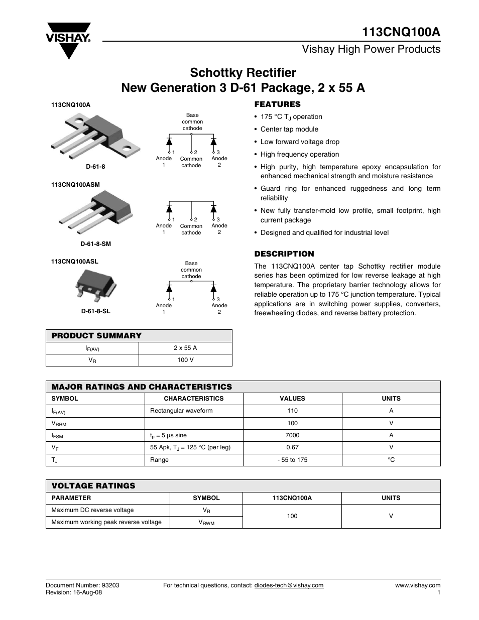 Datasheet, Vishay high power products | C&H Technology 113CNQ100A User Manual | Page 2 / 7