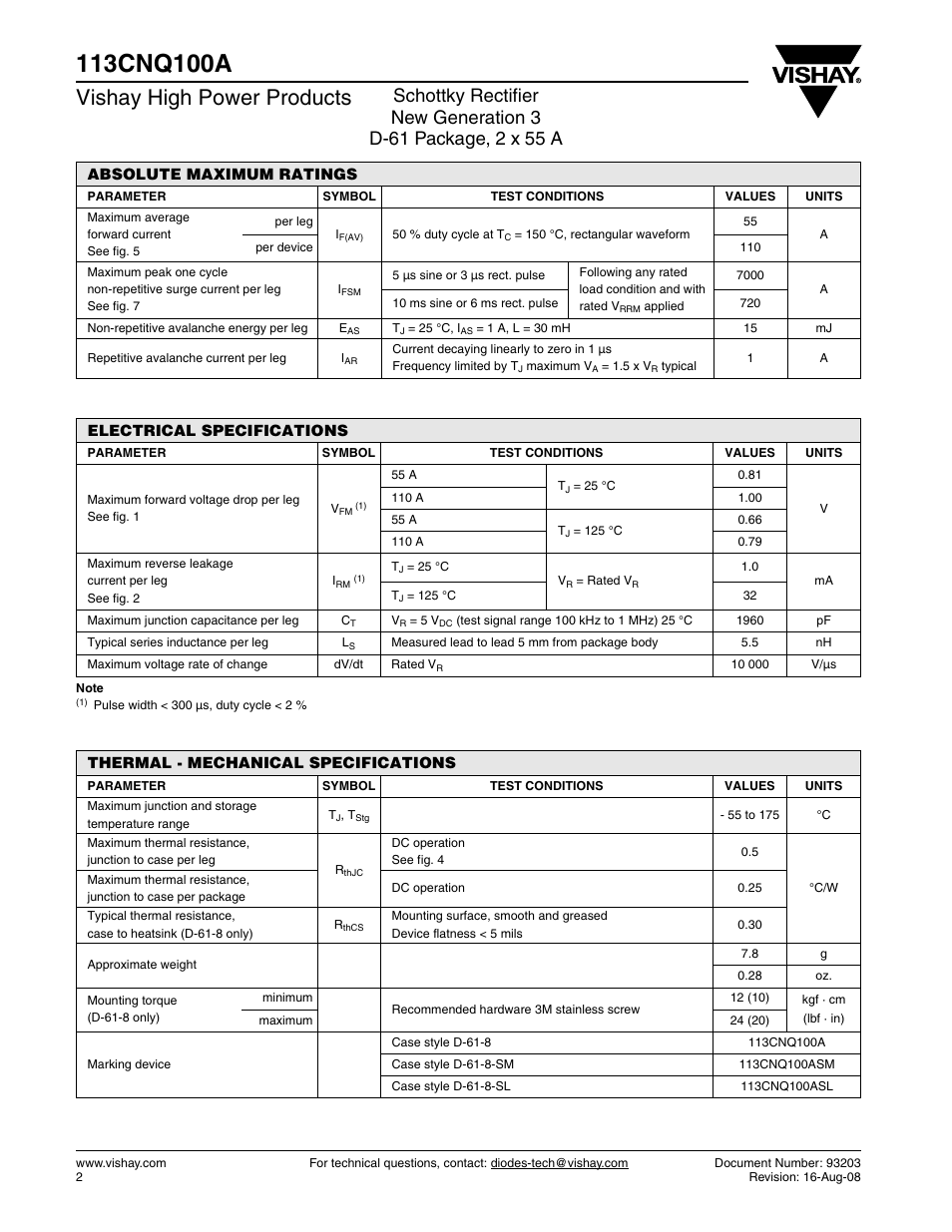 Vishay high power products | C&H Technology 113CNQ100A User Manual | Page 3 / 7