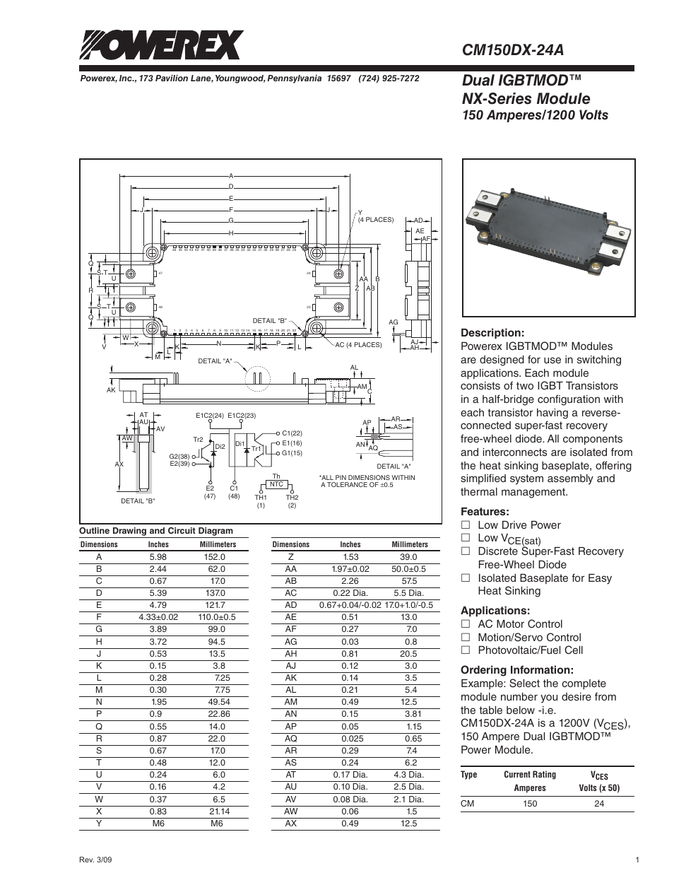 Dual igbtmod™ nx-series module, Features: £ low drive power £ low v, 150 ampere dual igbtmod™ power module | C&H Technology CM150DX-24A User Manual | Page 2 / 6