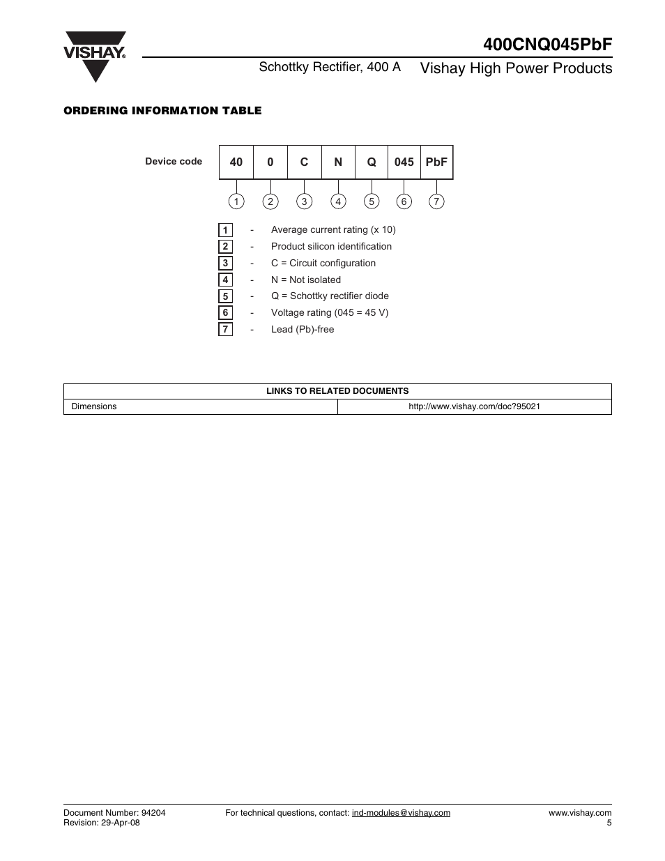 Vishay high power products, Schottky rectifier, 400 a | C&H Technology 400CNQ045PbF User Manual | Page 6 / 7