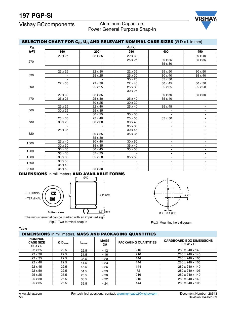 197 pgp-si, Vishay bccomponents, Aluminum capacitors power general purpose snap-in | C&H Technology 197 PGP-SI User Manual | Page 3 / 9