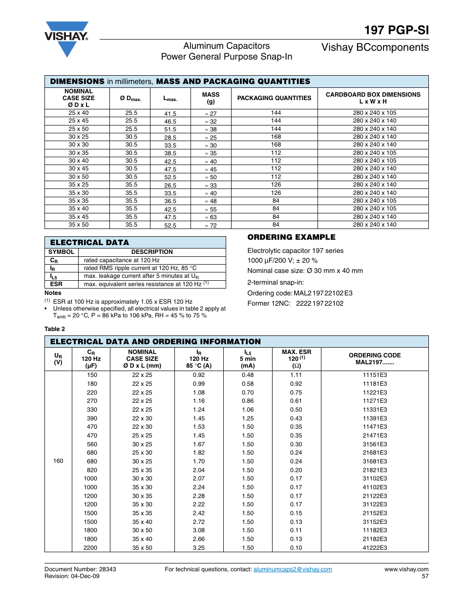 197 pgp-si, Vishay bccomponents, Aluminum capacitors power general purpose snap-in | C&H Technology 197 PGP-SI User Manual | Page 4 / 9