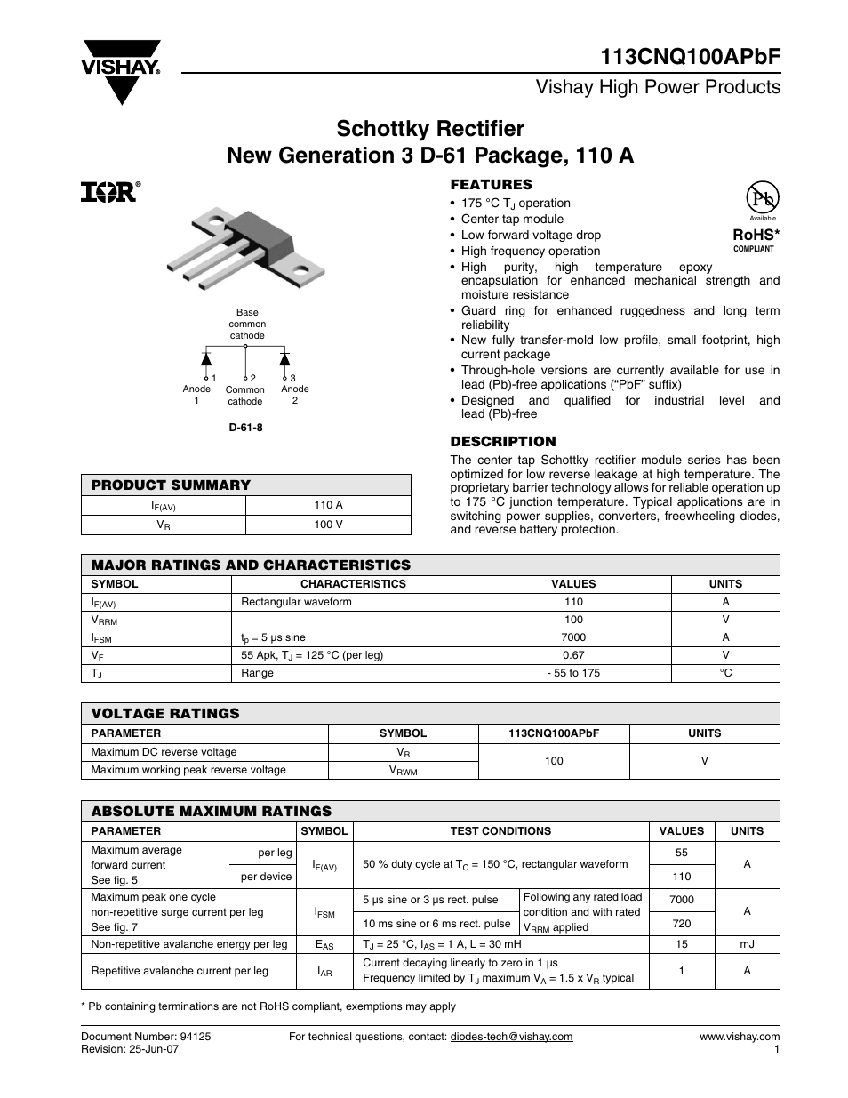 Datasheet, Vishay high power products, Rohs | C&H Technology 113CNQ100APbF User Manual | Page 2 / 7