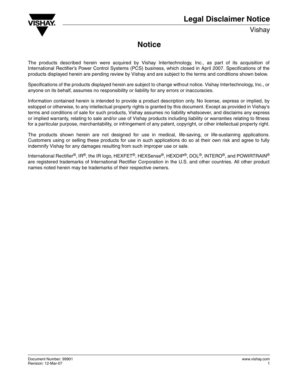 Disclaimer, Legal disclaimer notice, Notice | Vishay | C&H Technology 113CNQ100APbF User Manual | Page 7 / 7