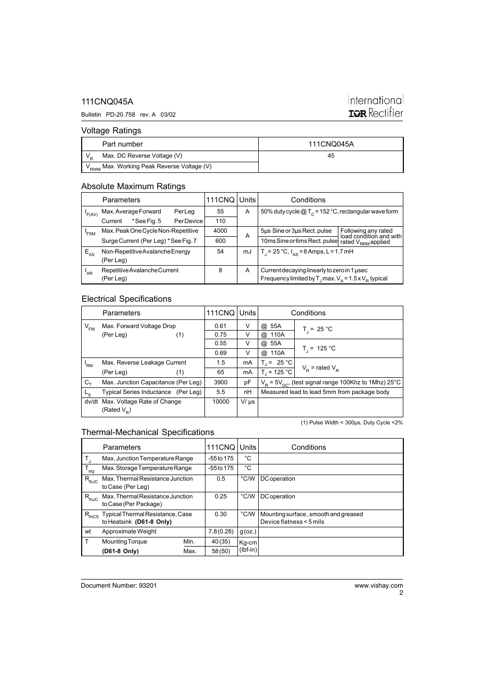 Voltage ratings absolute maximum ratings, Electrical specifications, Thermal-mechanical specifications | C&H Technology 111CNQ045A User Manual | Page 3 / 8