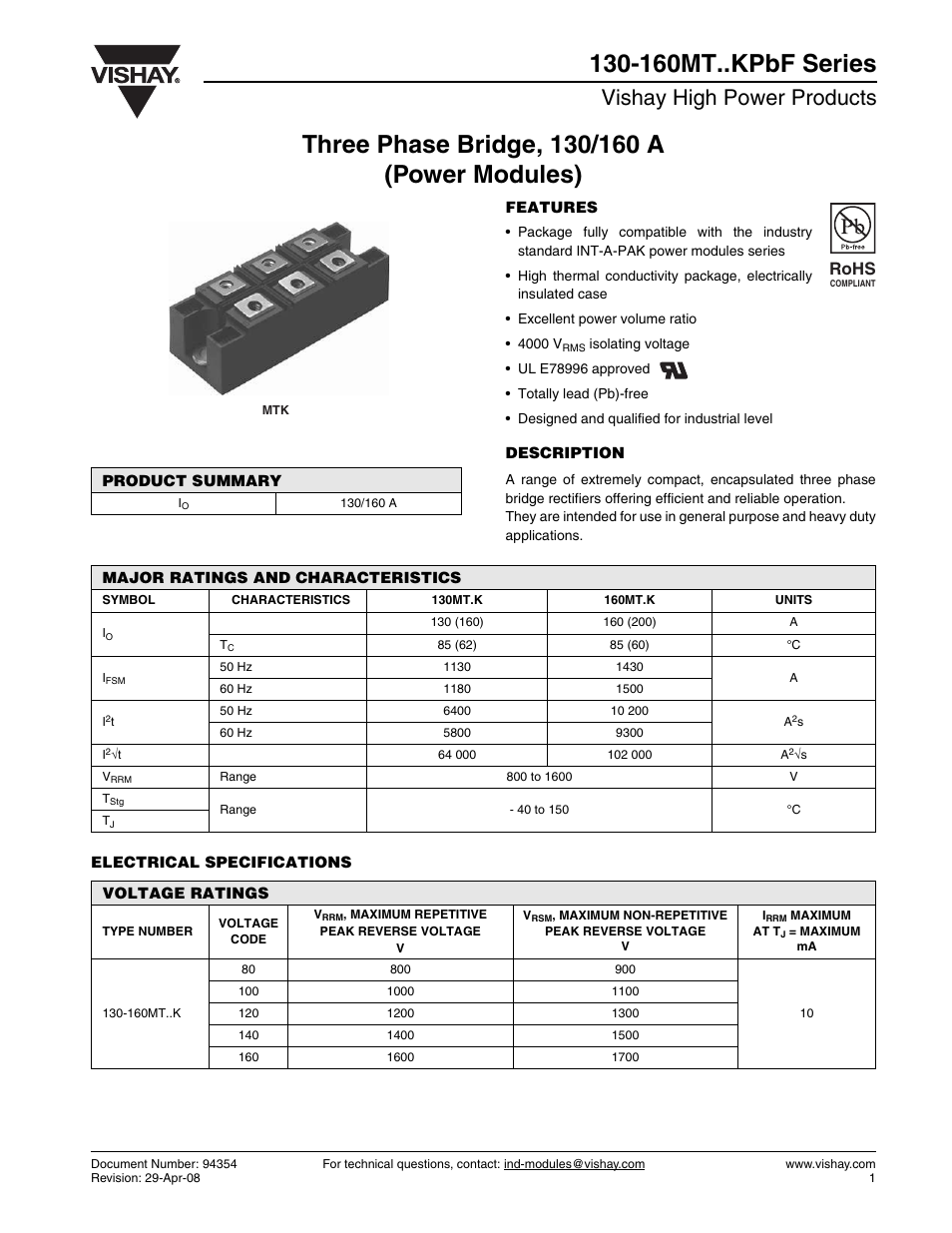 Datasheet, Vishay high power products, Rohs | C&H Technology 130-160MT..KPbF Series User Manual | Page 2 / 9