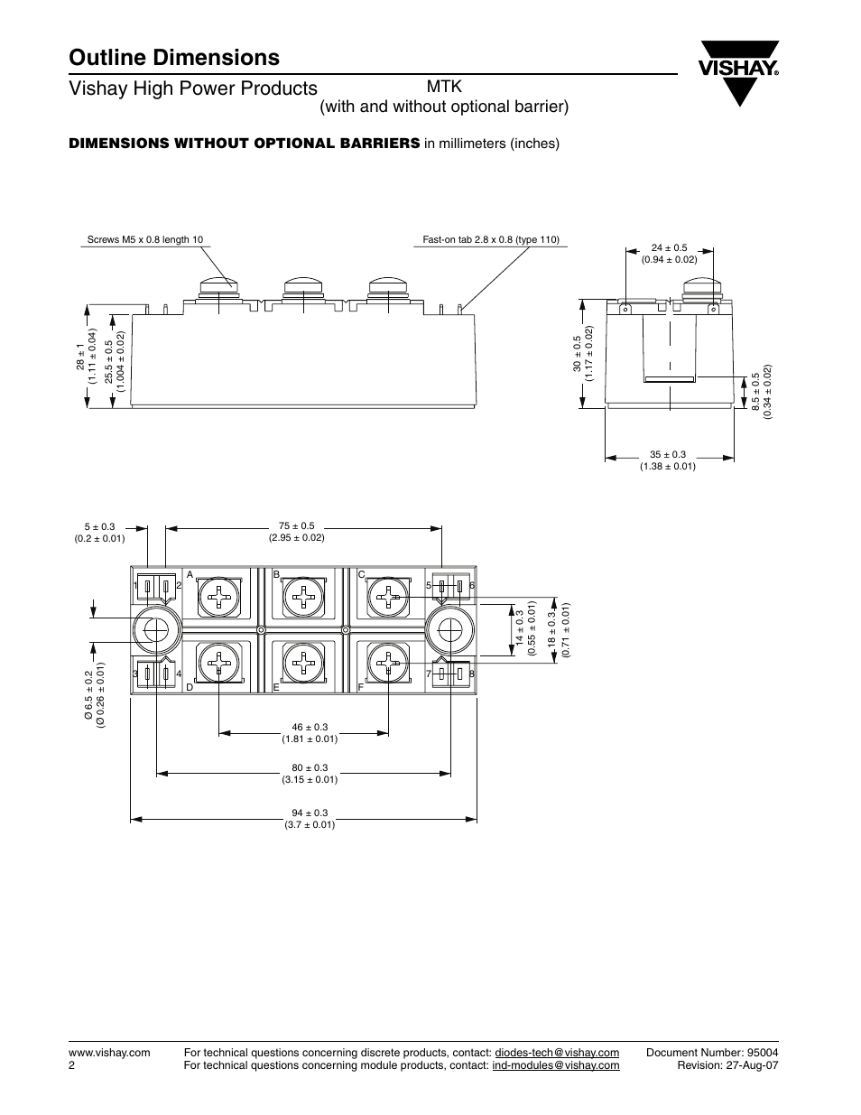 Outline dimensions, Vishay high power products, Mtk (with and without optional barrier) | C&H Technology 130-160MT..KPbF Series User Manual | Page 8 / 9