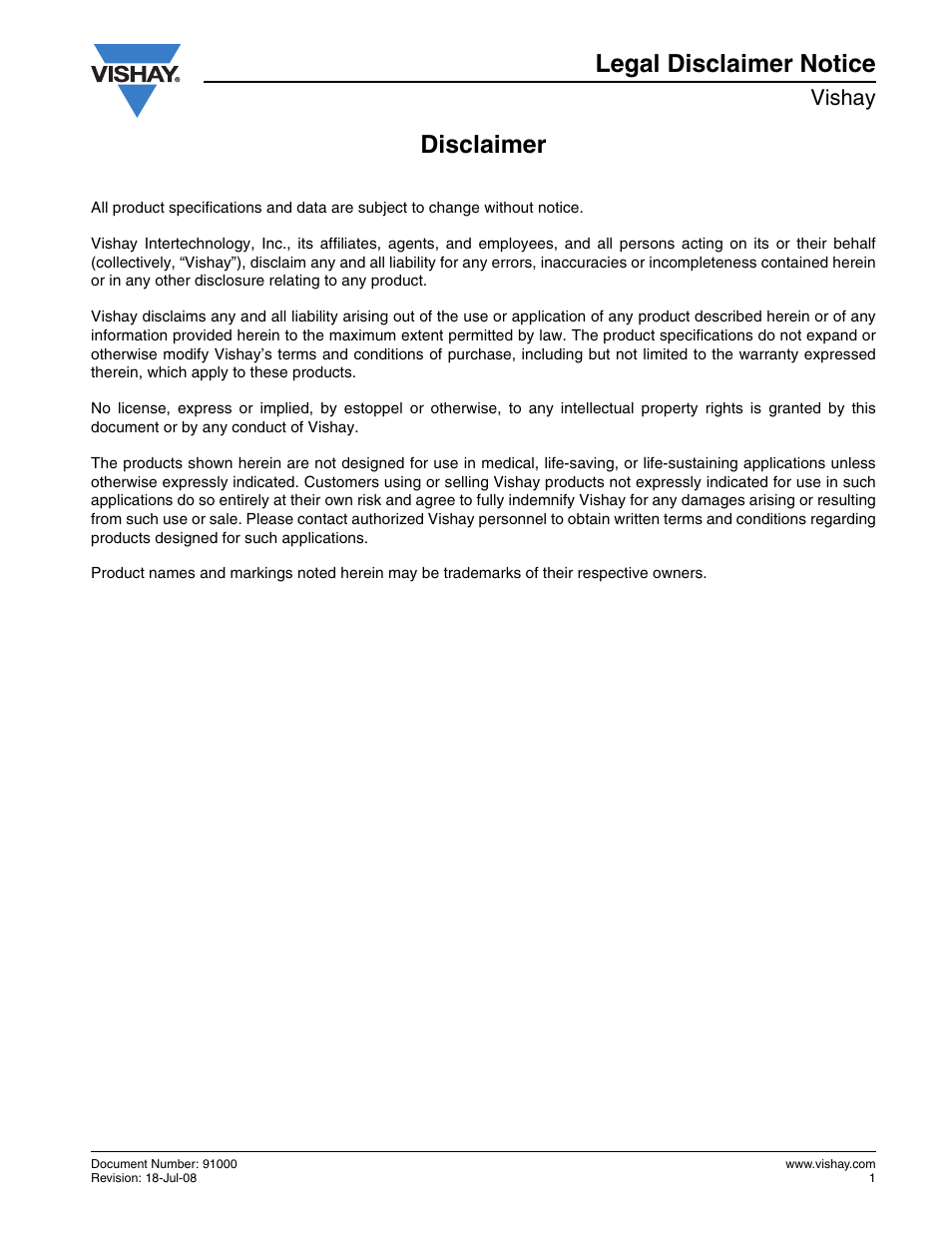 Disclaimer, Disclaimer legal disclaimer notice, Vishay | C&H Technology 130-160MT..KPbF Series User Manual | Page 9 / 9