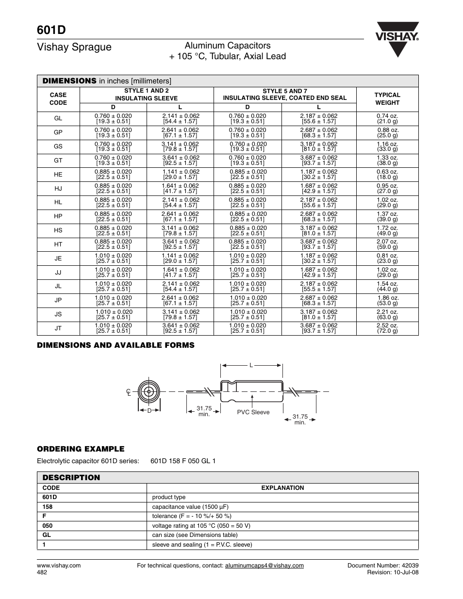 601d, Vishay sprague, Aluminum capacitors + 105 °c, tubular, axial lead | C&H Technology 601D User Manual | Page 2 / 3