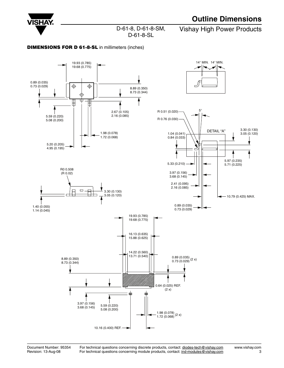 Outline dimensions, Vishay high power products, Dimensions for d 61-8-sl in millimeters (inches) | C&H Technology 80CNQ...A Series User Manual | Page 10 / 11