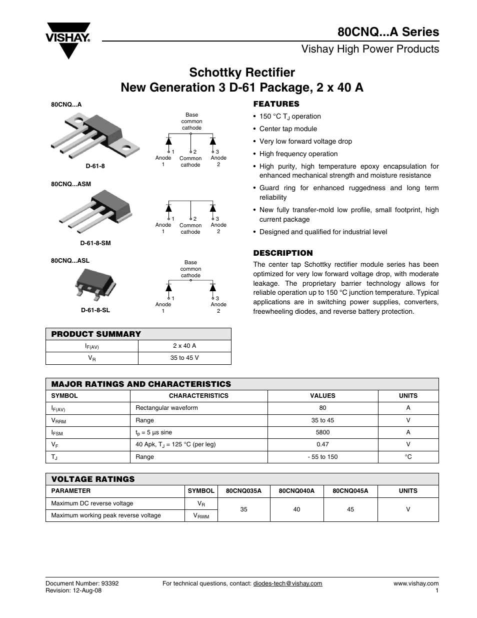 Datasheet, Vishay high power products | C&H Technology 80CNQ...A Series User Manual | Page 2 / 11