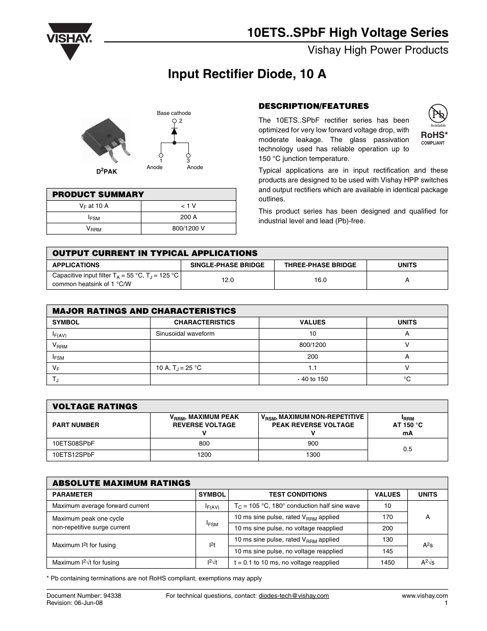 Datasheet, Input rectifier diode, 10 a, 10ets..spbf high voltage series | Vishay high power products, Rohs | C&H Technology 10ETS..SPbF High Voltage Series User Manual | Page 2 / 7
