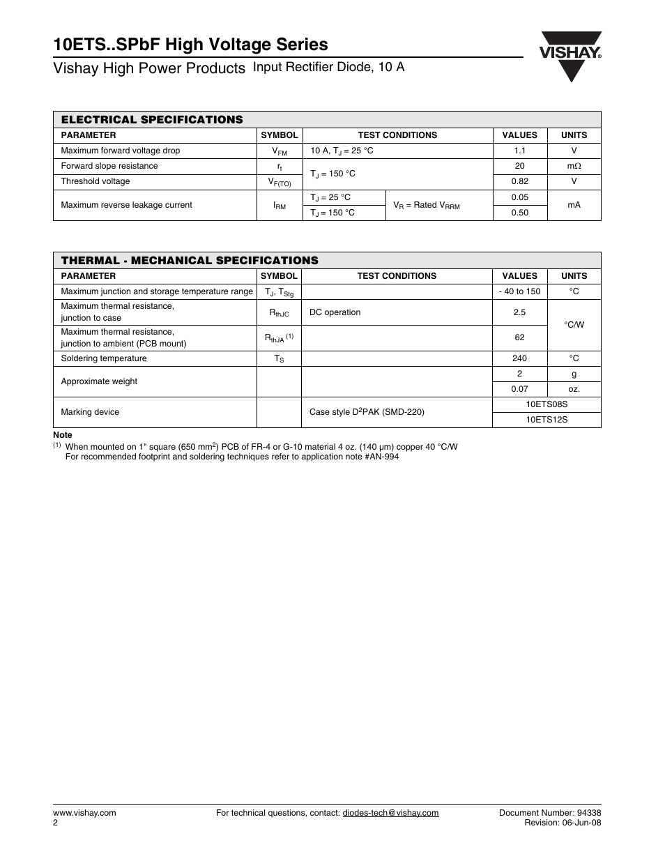10ets..spbf high voltage series, Vishay high power products, Input rectifier diode, 10 a | C&H Technology 10ETS..SPbF High Voltage Series User Manual | Page 3 / 7